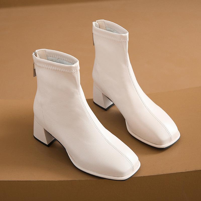 Узкие ботинки женские новые 2025 осень и зима голые ботинки женский темперамент универсальный ретро короткие ботинки женские квадратная голова толстый каблук одинарный