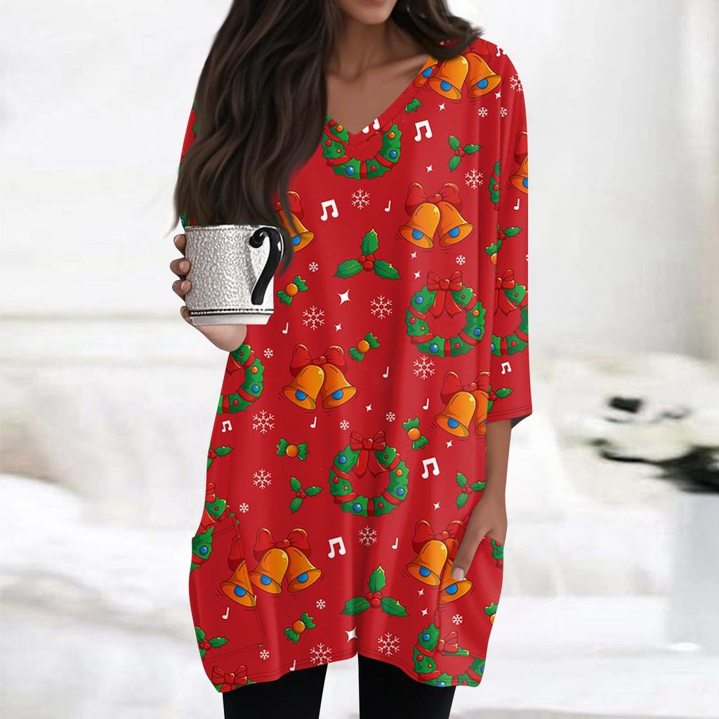 Женские топы с V-образным вырезом и рукавом 3/4, повседневные блузки средней длины, модные туники с рождественским принтом и карманами
