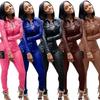 Women's Leather Two-Piece Pants Women's Pocket Long Sleeve Jacket Top + Pencil Pants 2 Piece Set