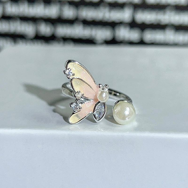 Dopamine Colorful Enamel Flower Butterfly Open Ring Mori Sweet Girly Style Inlaid Zircon Niche Light‑Luxury Adjustable Stackable Decorative Ring