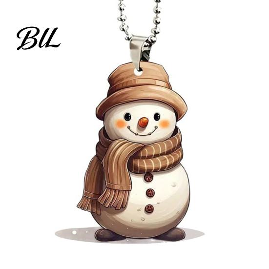 Indoor Holiday Home Ornament Cute Snowman Acrylic Pendant, 2D Flat Car Rearview Mirror Hanging Artistic Figurine Charm Decoration with Keychain Ring,