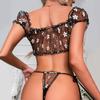 Сексуальное нижнее белье, комплект трусиков с обтягивающей грудью, одно слово, бретели, пижама, женская сетчатая домашняя одежда