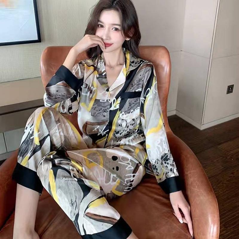 Spring and Autumn Pajamas Homewear Suit Female New Simulation Silk Ladies Ice Silk Pajamas Long-Sleeved Temperament Homewear