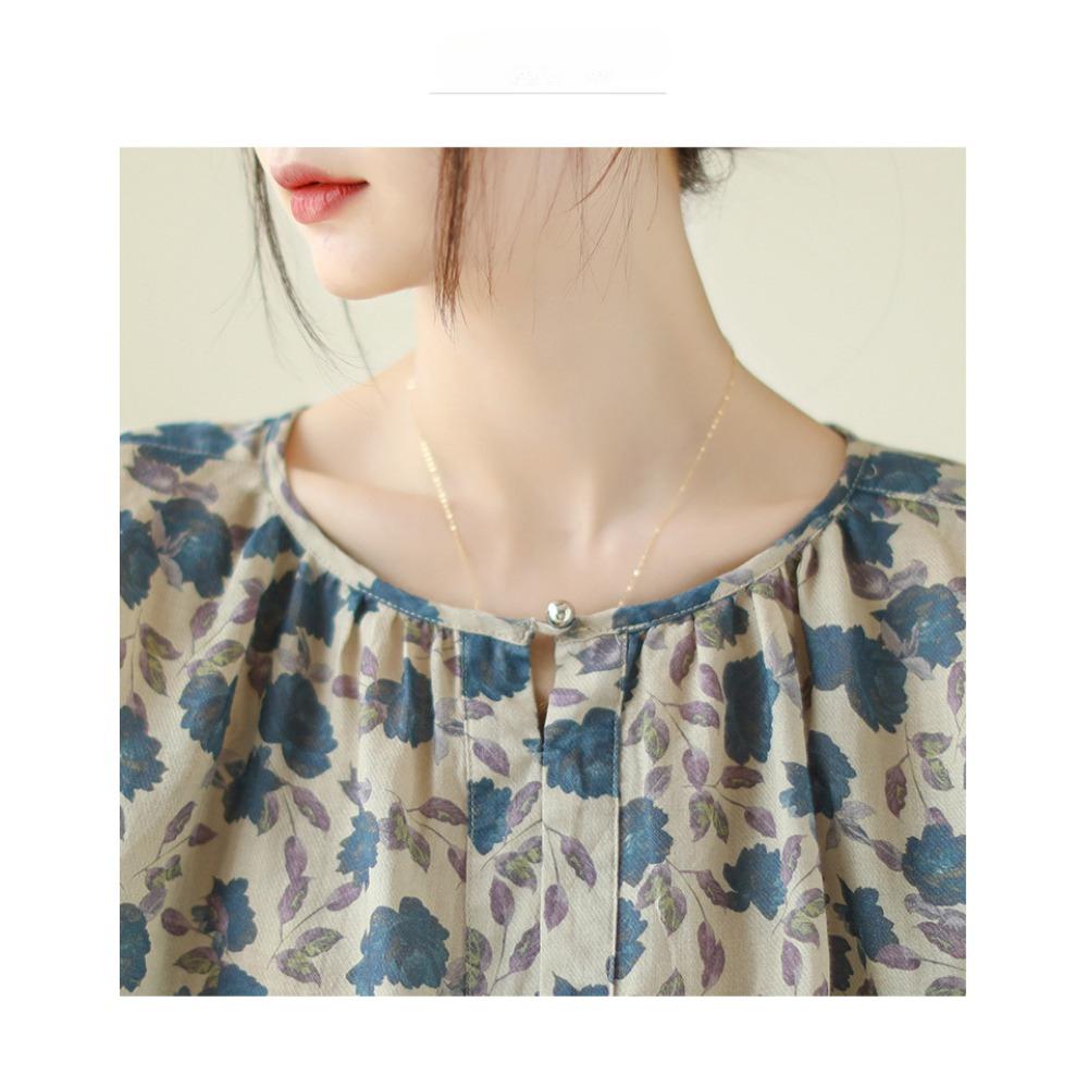 Художественный Ретро Хлопково-Льняной Топ Свободный Цветочный Топ с Рукавом Три Четверти Женские Блузки и Рубашки