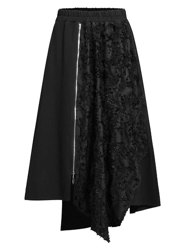 Xitao Юбка с эластичной талией и асимметричной молнией в стиле пэчворк из кружева GMM1224