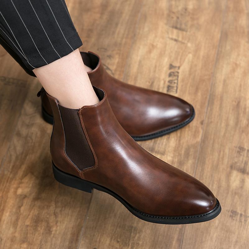 Chelsea Boots for Men Handmade Mens Boots Sole Ankle Business Round Pu Cowboy Slip-On Mens Boots Size 38-48 Men Shoes