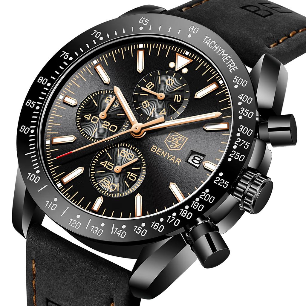 BY BENYAR Chronograph Analog 30M Water Leather Strap Quartz Brown Gift for Men Men's Watch, Resistant, Simple, Stylish, Popular, Formal, Movement,