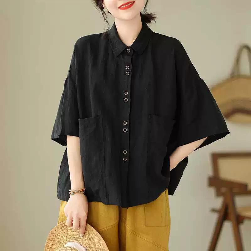 Retro Summer Women's Cotton HempPolo Collar Solid Button Pockets Fashion Casual Single Breasted Short Sleeve Loose Shirt Tops