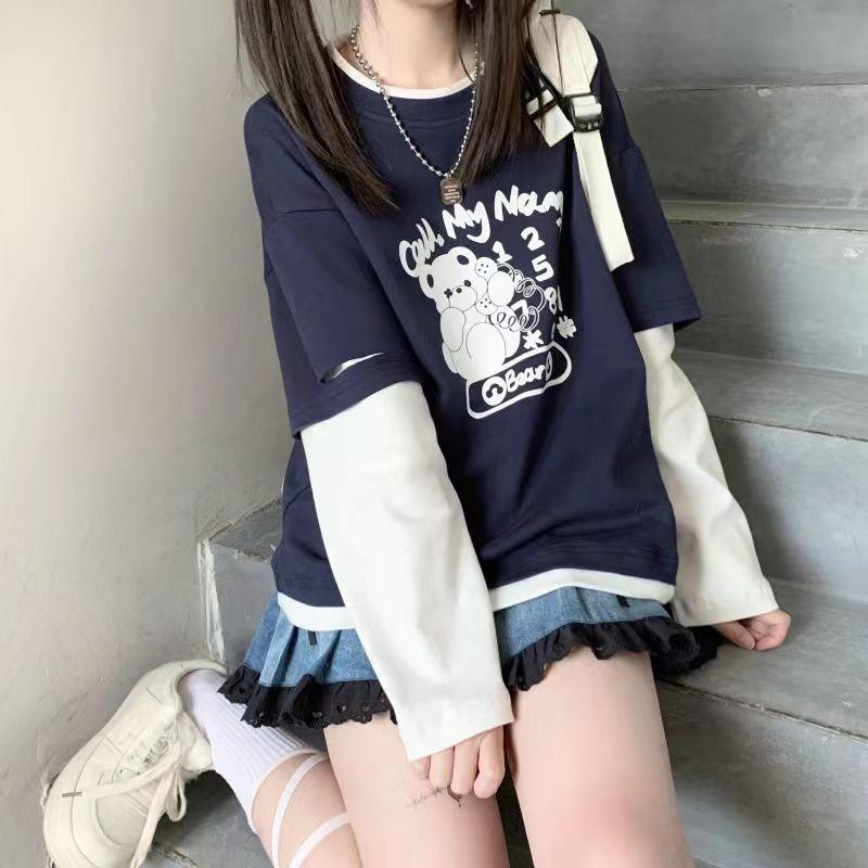 2024 Осень Девушки Подростки Harajuku Мультфильм Медведь Принт Поддельные 2 Части Футболка Лоскутная Длинный Рукав Y2K Футболка Женская Милая Одежда
