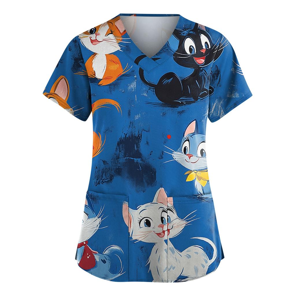 Women's Fashion Short Sleeve Cute Animal Printed V-Neck Pocket Workwear Tops