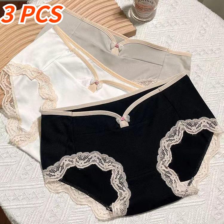 3PCS New Low Waist Panties for Women Underwear Sexy Lace Satin Large Size Briefs Big Panties