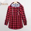 Lady Coat Hooded Plaid Print Drawstring Single-breasted Chest Pocket Shirt Cardigan Long Sleeves Autumn Winter Csual Office Wear Hoodie