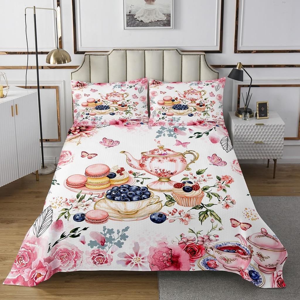 Cartoon Blueberry Bedspread Summer Tropical Fruit Quilted Coverlet Watercolor Botanical Leaves Flower Bedding Set for Teen Adult