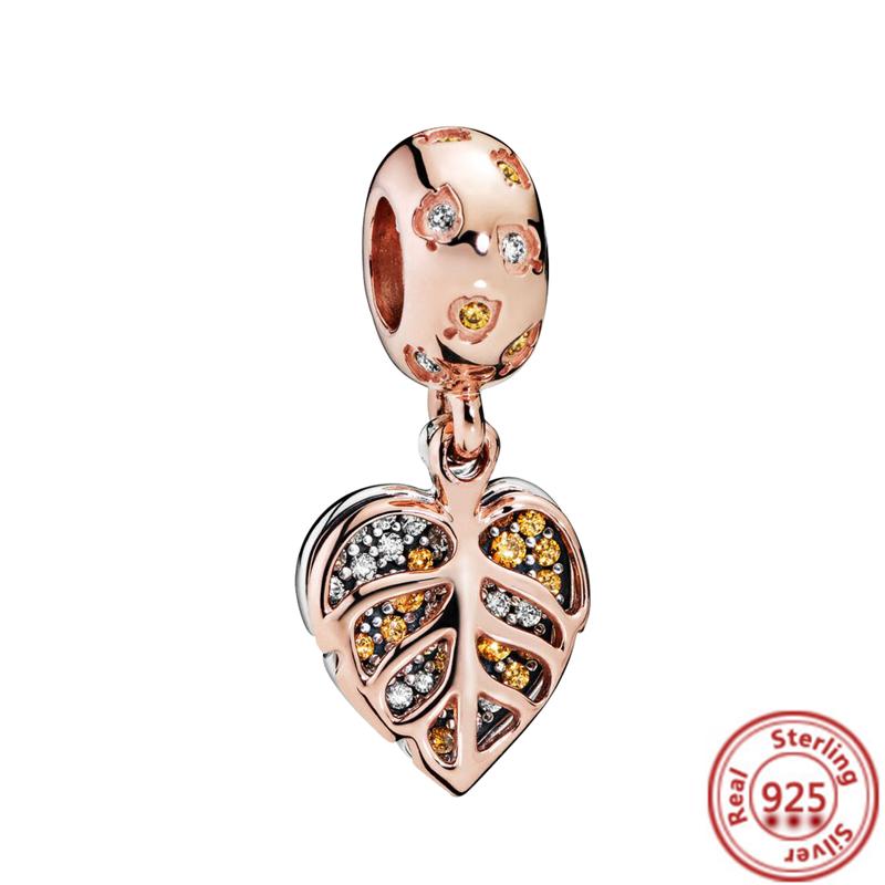 Hot Sale Rose Gold Series Pink Zircon Leaves Heart Pendant Sparkling Clip Bead Fit Charm Bracelet DIY S925 Silver Jewelry