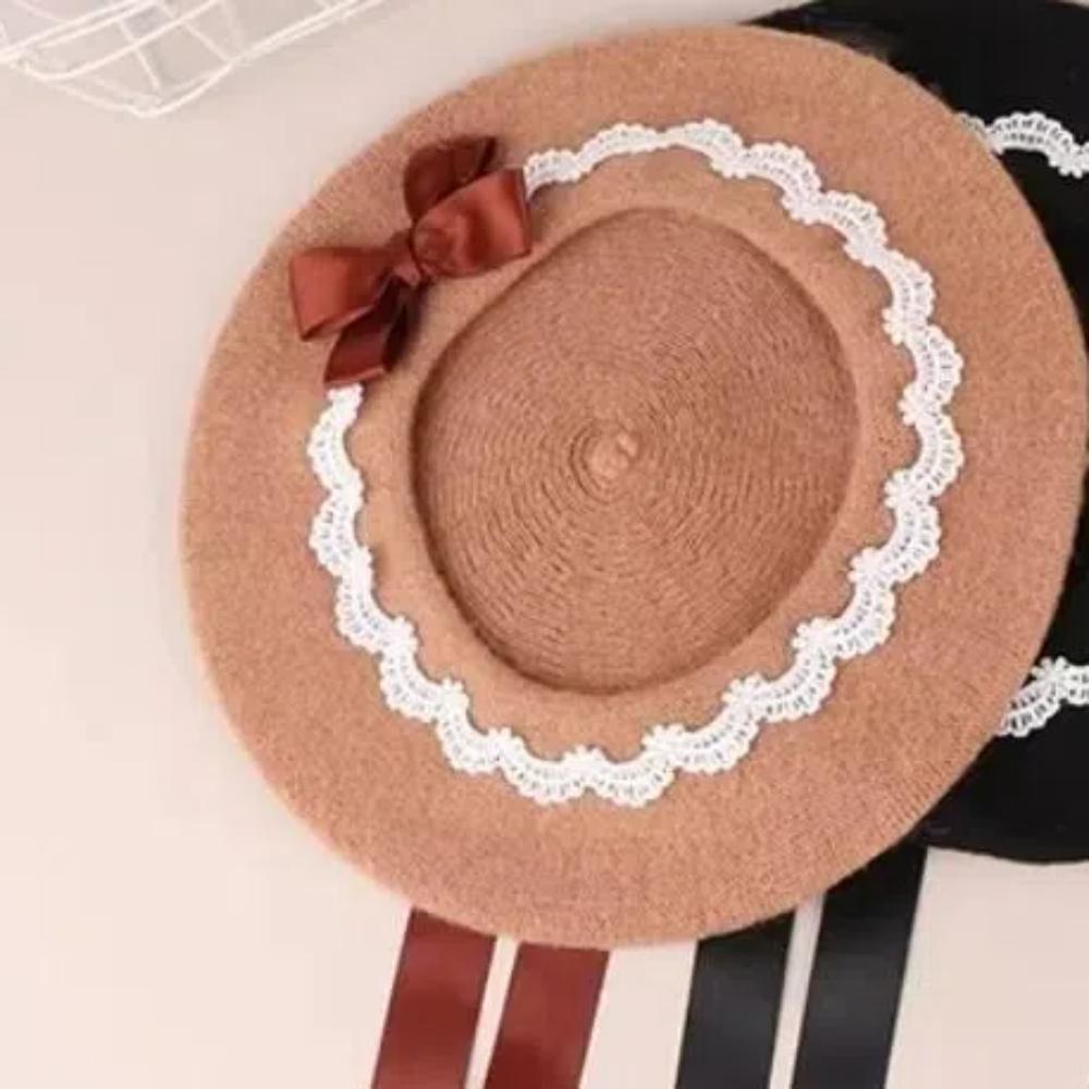 Warm Girl Lace Bow Hat Sweet Painter Hat Y2k Beanie Cap Female