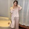 Ice Silk Pajamas Women's Autumn Long Sleeves Long Pants Cardigan Set Autumn New Home Clothes Loose Lace Thin Style
