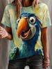Women's Casual and Fashionable Round-Neck Short-Sleeve T-Shirt with A Funny Parrot Print Loose-Fit Gradient Design Women's Top
