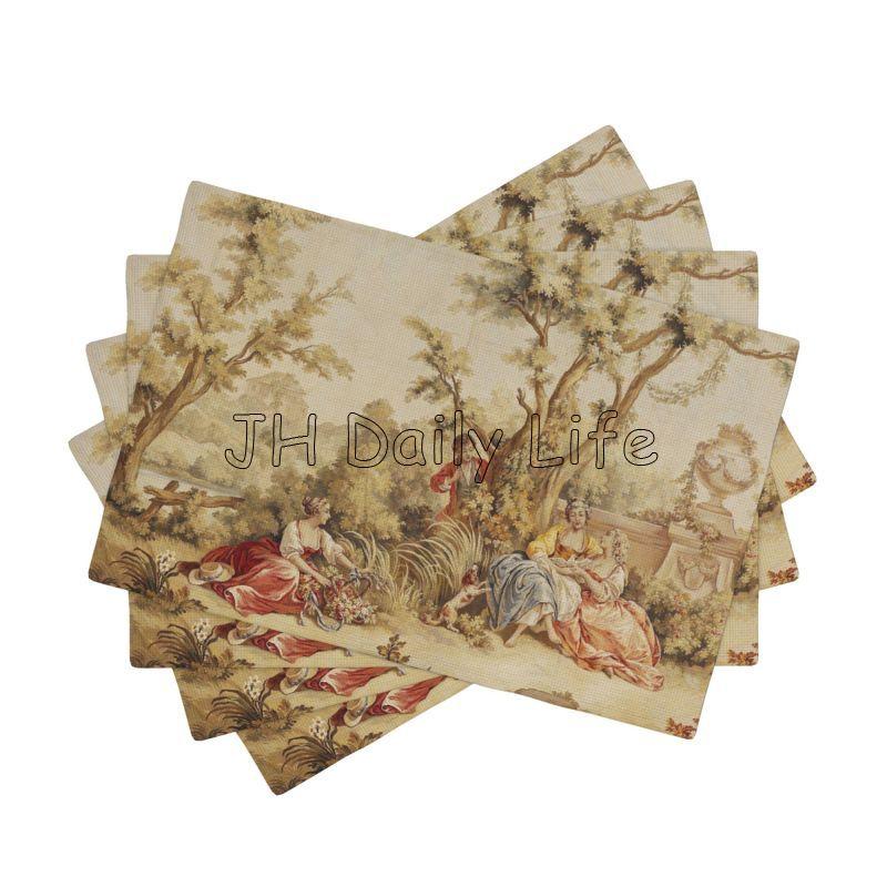 Французские салфетки под тарелки Toile De Jouy, набор из 4 штук, водонепроницаемые, термостойкие, льняные, для домашней вечеринки, декора обеденного стола, 12x18 дюймов