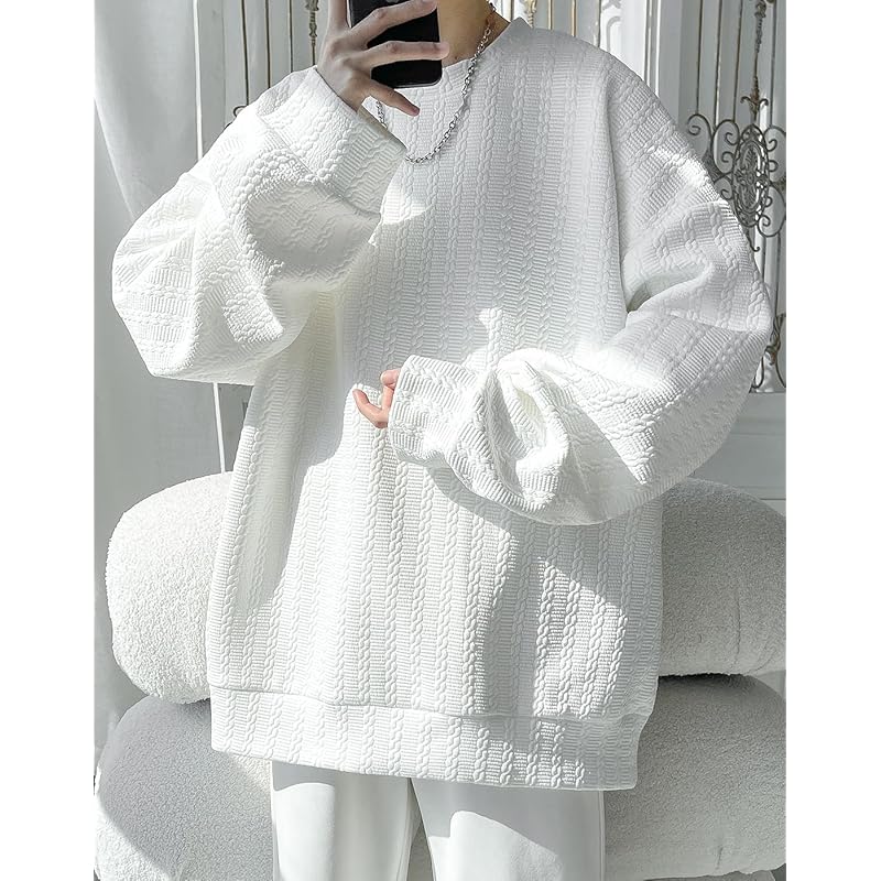 [JHIJSC] Men's Trainer Spring Long Sleeve Relaxing Casual Plain Color Fashionable Large Size (JP, Alphabet, M, White)