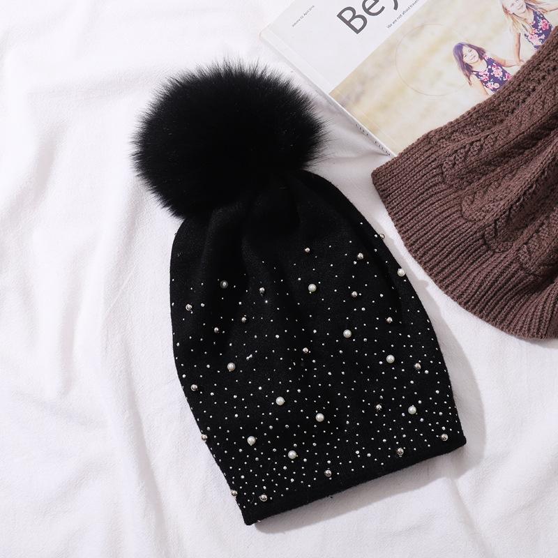 Женский зимний теплый вязаный пуловер с жемчужным шариком енота, однотонная шляпа