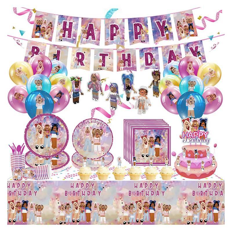 Pink Girl Gaming Theme Kids Birthday Party Tableware Set Roblox Girl Decorations Supplies