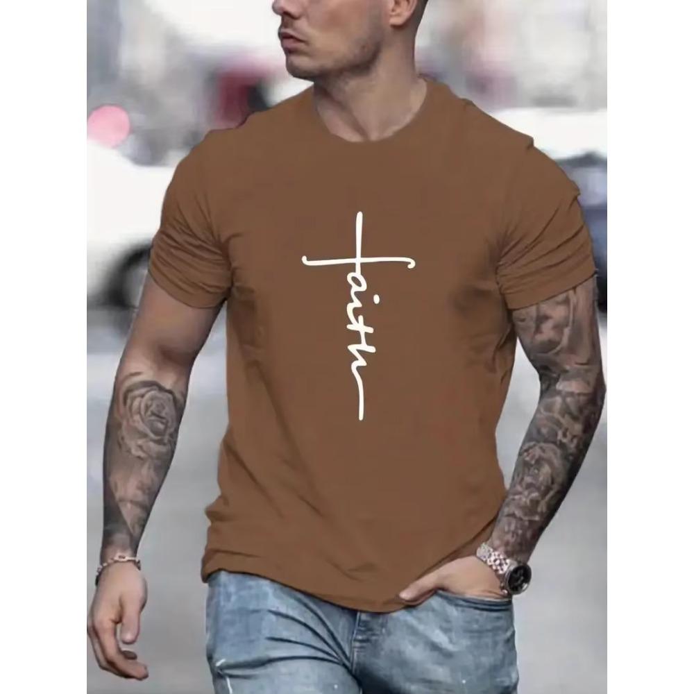 "Faith", Men's Casual Slightly Stretch Crew Neck Graphic Tee, Male Clothes for Summer