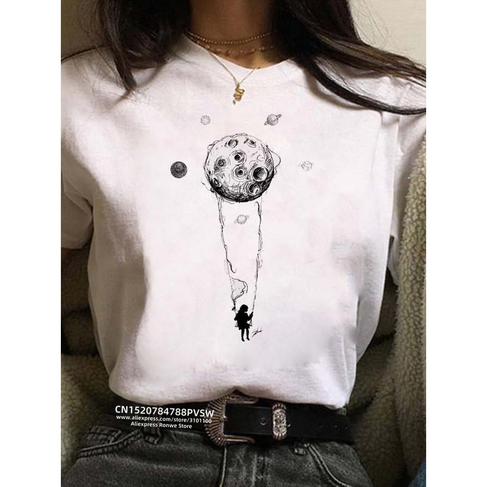 Women Moon Harajuku Funny 90s Girl T Shirt Cartoon Graphic Printed Black Ladies T-shirt Casual Woman Shirt Kawaii Tee Shirt