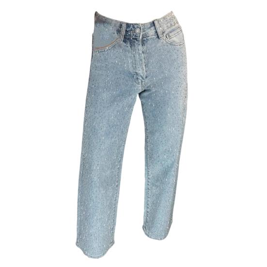 Джинсы с искусственным жемчугом для женщин, с высокой посадкой, прямые, стрейч, из денима, повседневные, широкие, с бисером, мешковатые