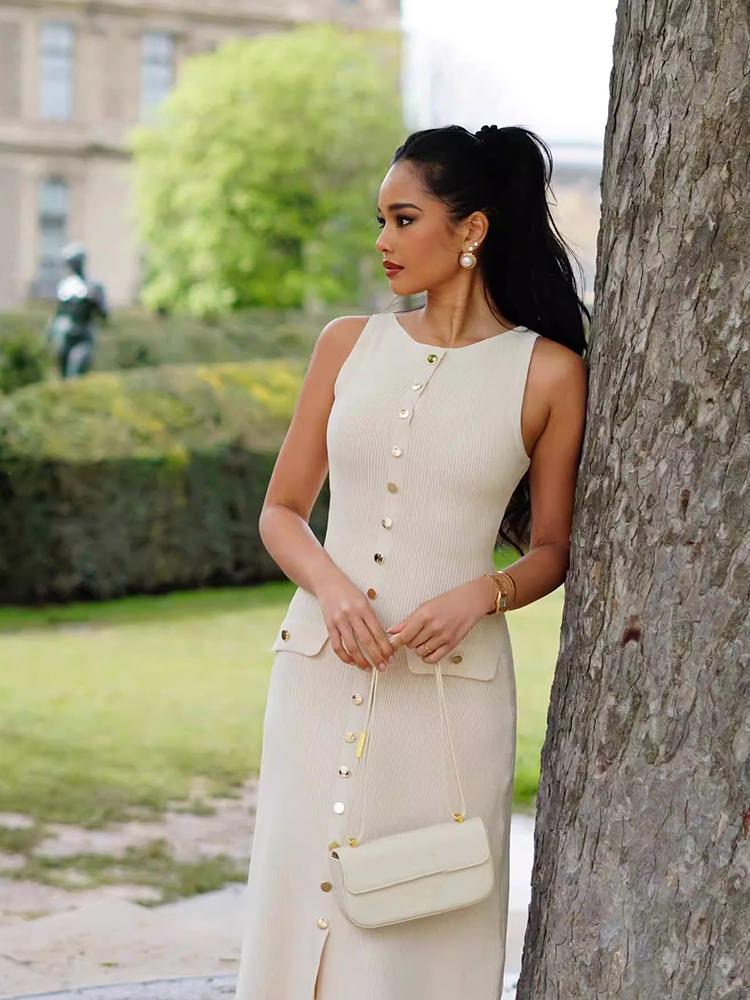 Knitted Sleeveless Long Dresses Women O Neck Single Breasted Fake Pockets Decoration Split Party Dress Autumn Beach Robe