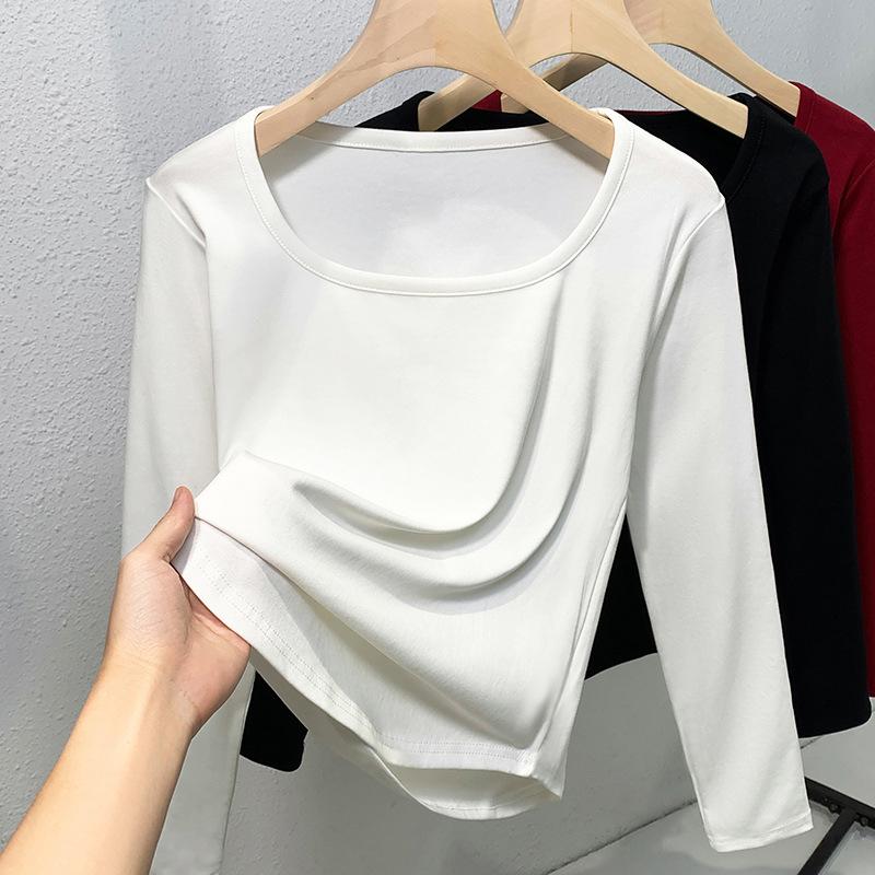 Белая футболка с длинными рукавами, квадратным вырезом и прямыми плечами, женская новая футболка с тонкой внутренней частью на раннюю осень, облегающий и тонкий верх