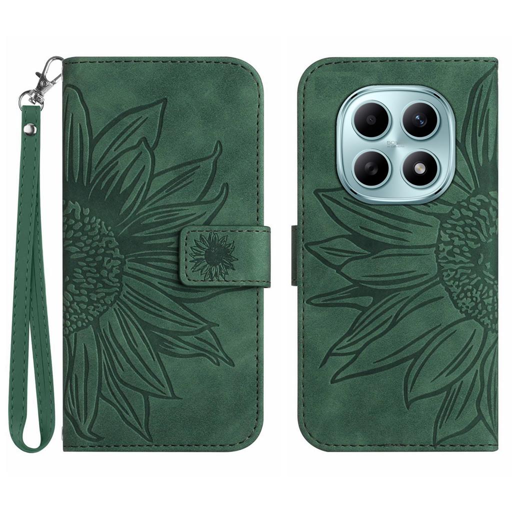 Для Xiaomi Poco M8 5G/Redmi Note 15 5G (Глобальный)/15 4G (Глобальный) Чехол-портмоне из кожи с принтом подсолнухов и ремешком на запястье.