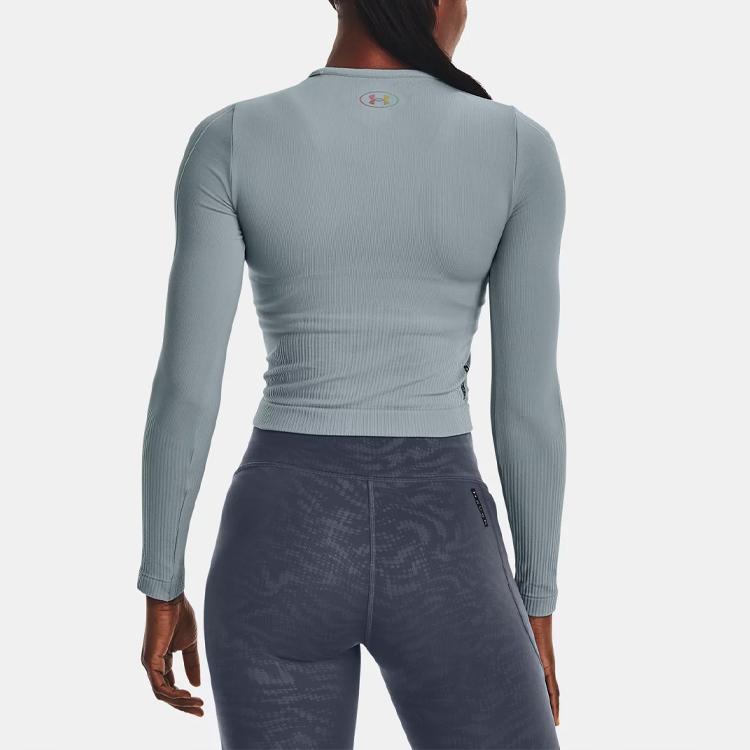 Under Armour Футболка Rush Series Solid Casual с логотипом и длинным рукавом, с круглым вырезом, женские топы, цвет Harbor-Blue 1373930-465