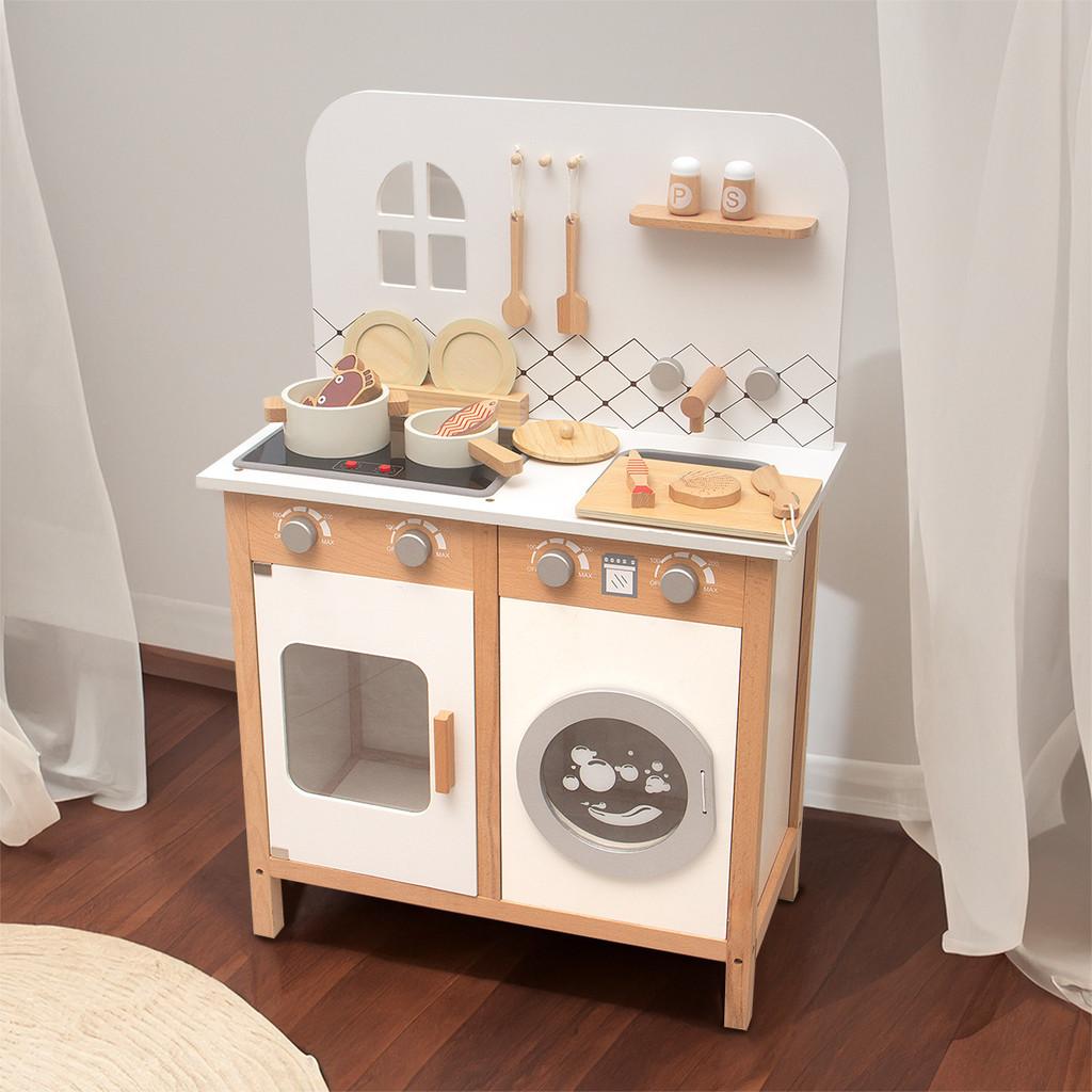 Toddler Play Kitchen With Wooden Construction And Interactive Features For Girl Development