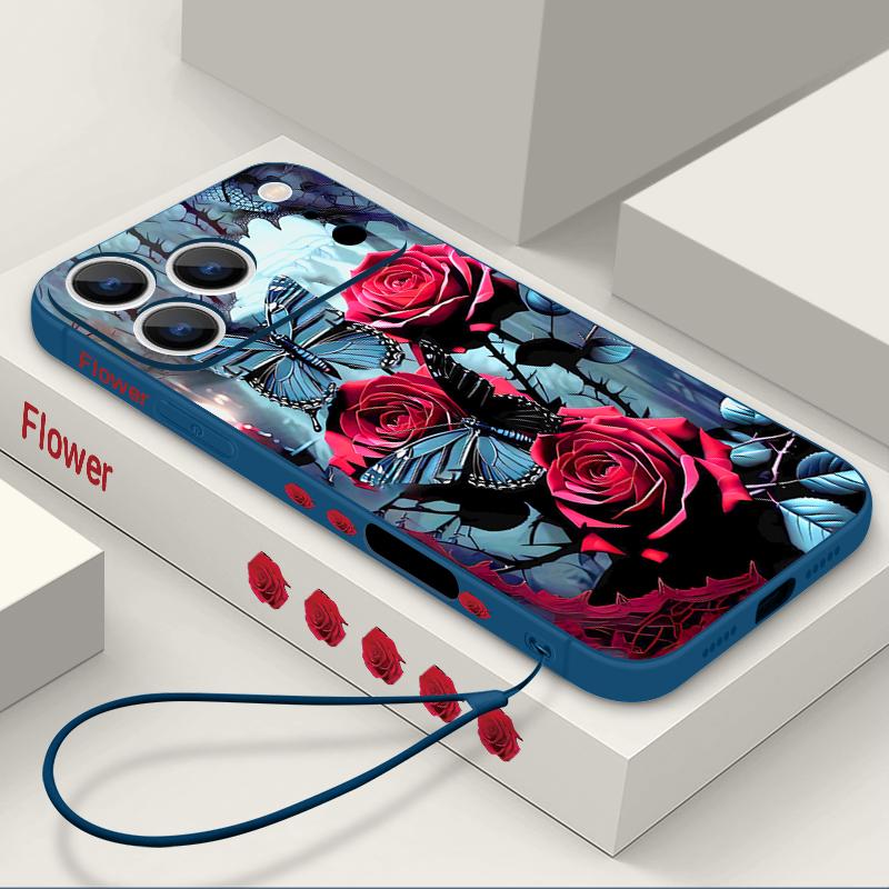 Wrist Strap Lanyard TPU Phone Case For iPhone 17 16 15 Pro Max 13 14 Pro Max 17e 16e 11 Red Rose Print Soft Silicone Back Cover