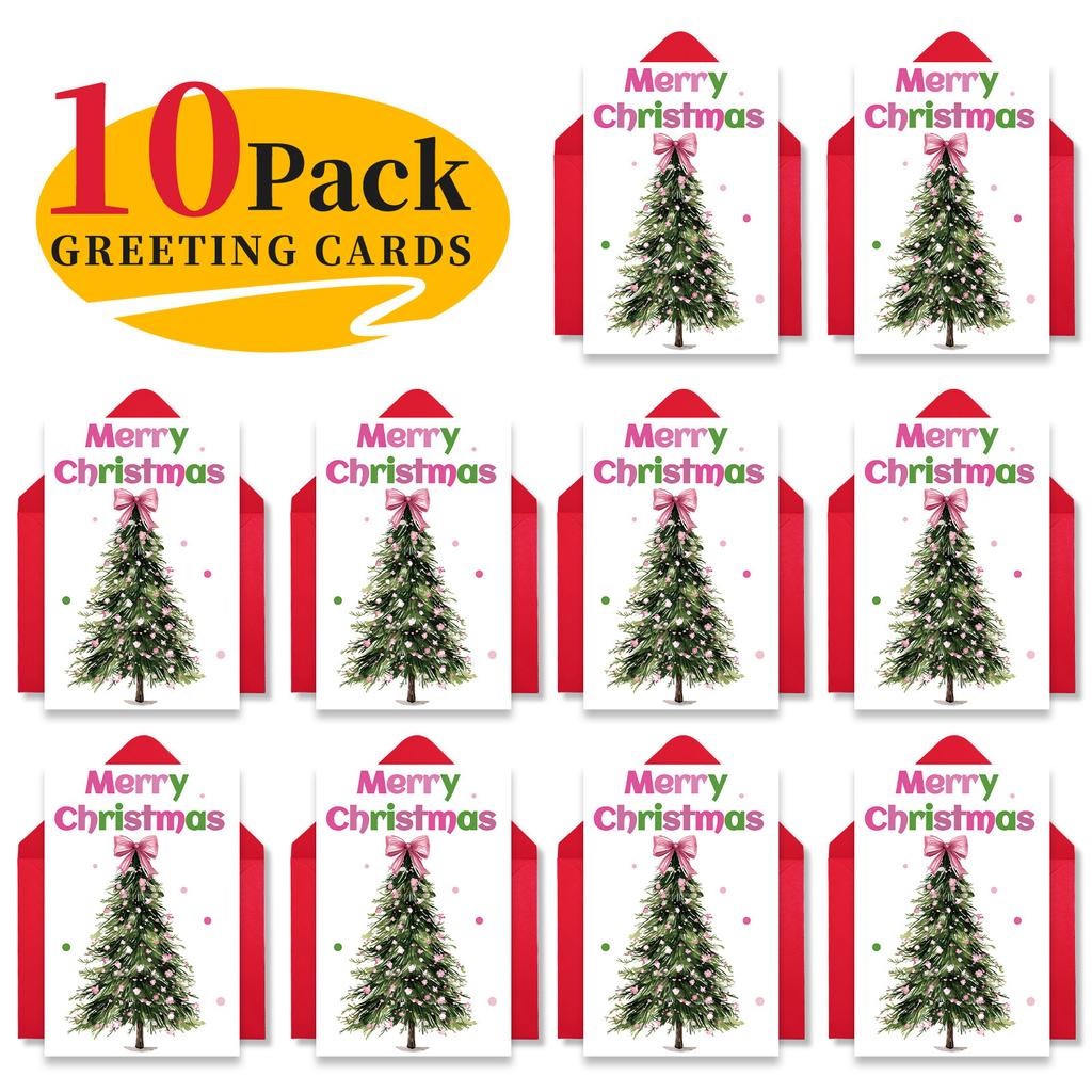 10PCS Large Christmas Greeting Cards with Envelopes, Watercolor Xmas Tree Cards for Holiday & New Year Gifts