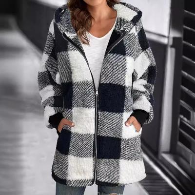 Женская куртка свободного покроя из шерпы на молнии с карманами, флисовая толстовка с капюшоном в клетку, зимнее пальто-тедди, уютная и стильная верхняя одежда для холодной погоды