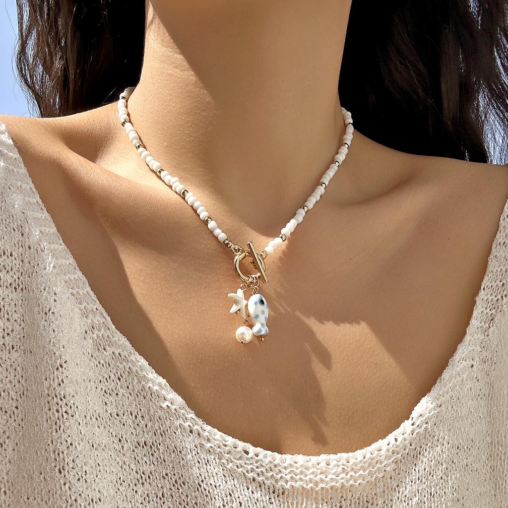 Charm Ocean Starfish OT Buckle Pendant Necklace for Women Handmade Rice Beads Ceramic Fish Choker Necklace Girls Party Jewelry
