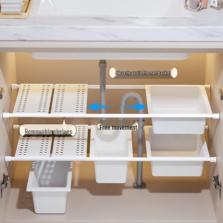 Выдвижная полка для хранения в ванной под раковину с многоуровневыми полками и перегородкой без сверления