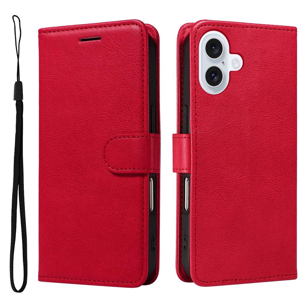 For iPhone 17 Leather Wallet Case with Strap Solid Color Phone Stand Cover