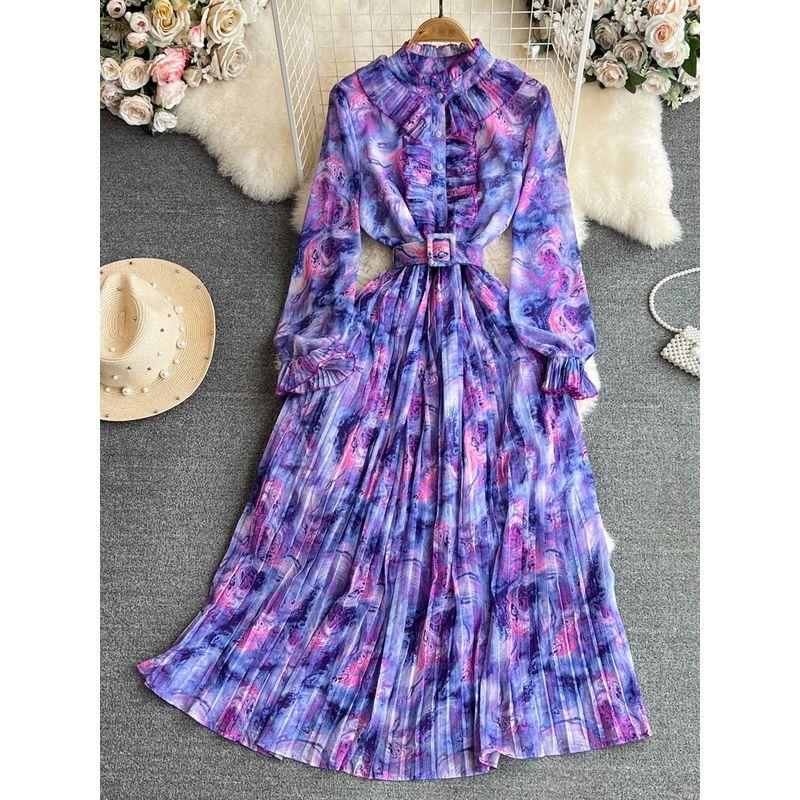 Retro Graceful Stand Collar Speaker Long Sleeves Elegance Dress