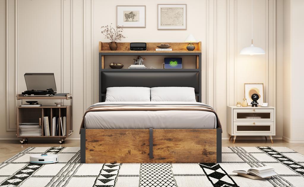 Bed Frame 90 x 200 with Hydraulic Lift Mechanism, USB, Upholstered Headboard, Retro Wood and Metal Design, Hidden Storage Layer Single Bed Black