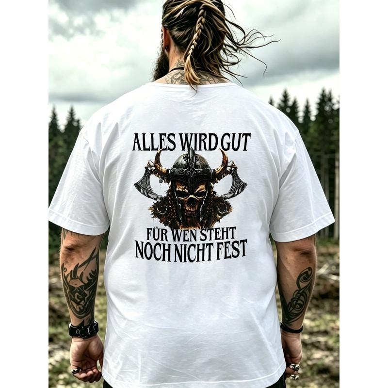 Men'S Black T-Shirt Viking Skull And Horned Helmet Graphic With German Text For Battle And Adventure Themes, Plus Size