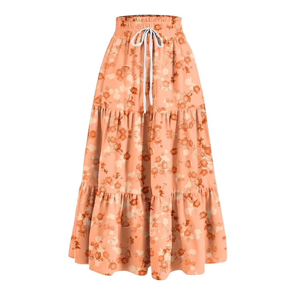 Women's Ruffled Spring Casual Long Skirt Plain Color Skirt Retro Pleated Skirt