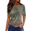T Shirts For Women Pleated Round Neck Dressy Casual Blouses Printing Short Sleeve Summer Tops Loose Fit