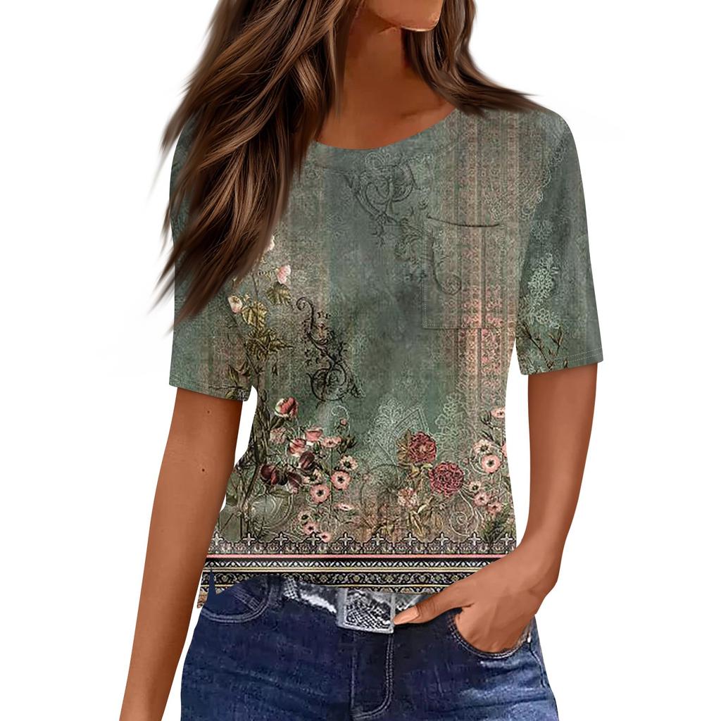 T Shirts For Women Pleated Round Neck Dressy Casual Blouses Printing Short Sleeve Summer Tops Loose Fit