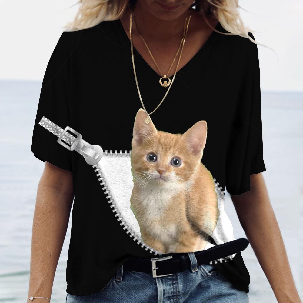 Футболка с 3D принтом кота, женские футболки большого размера с v-образным вырезом, топы, женские повседневные модные футболки с короткими рукавами, уличная одежда, женская одежда Y2k