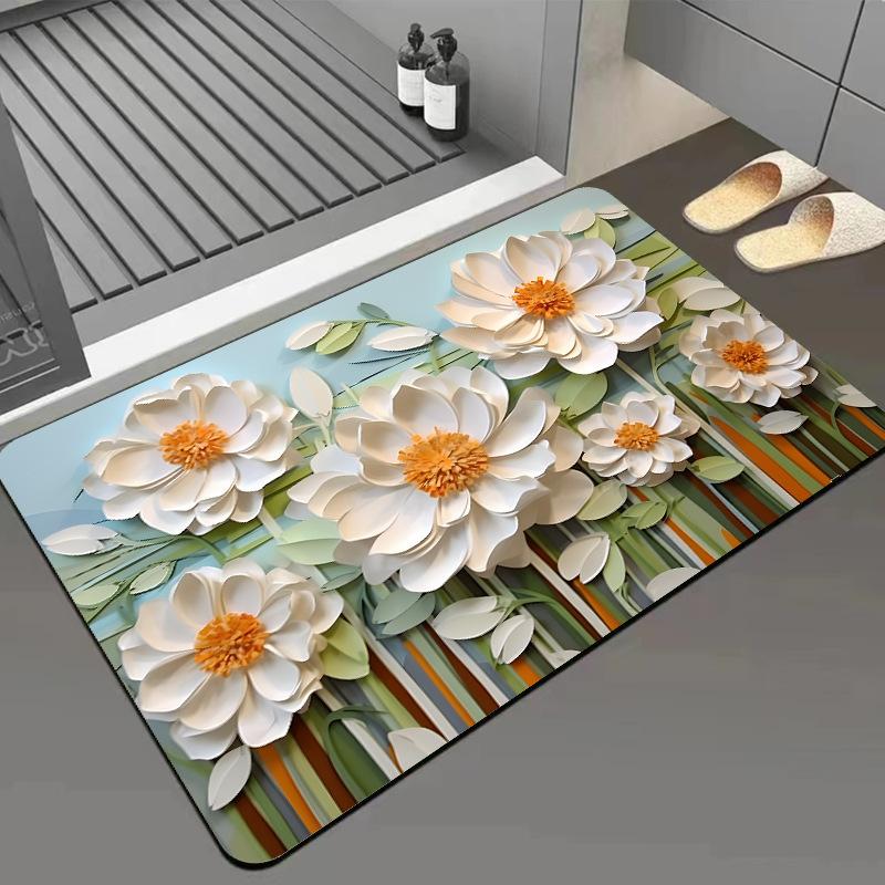 Green Flower Flat Surface Household Bathroom Toilet Absorbent Diatom Mud Floor Mat Non-slip Foot Mat Quick Dry Naked Eye 3D Floor Mat