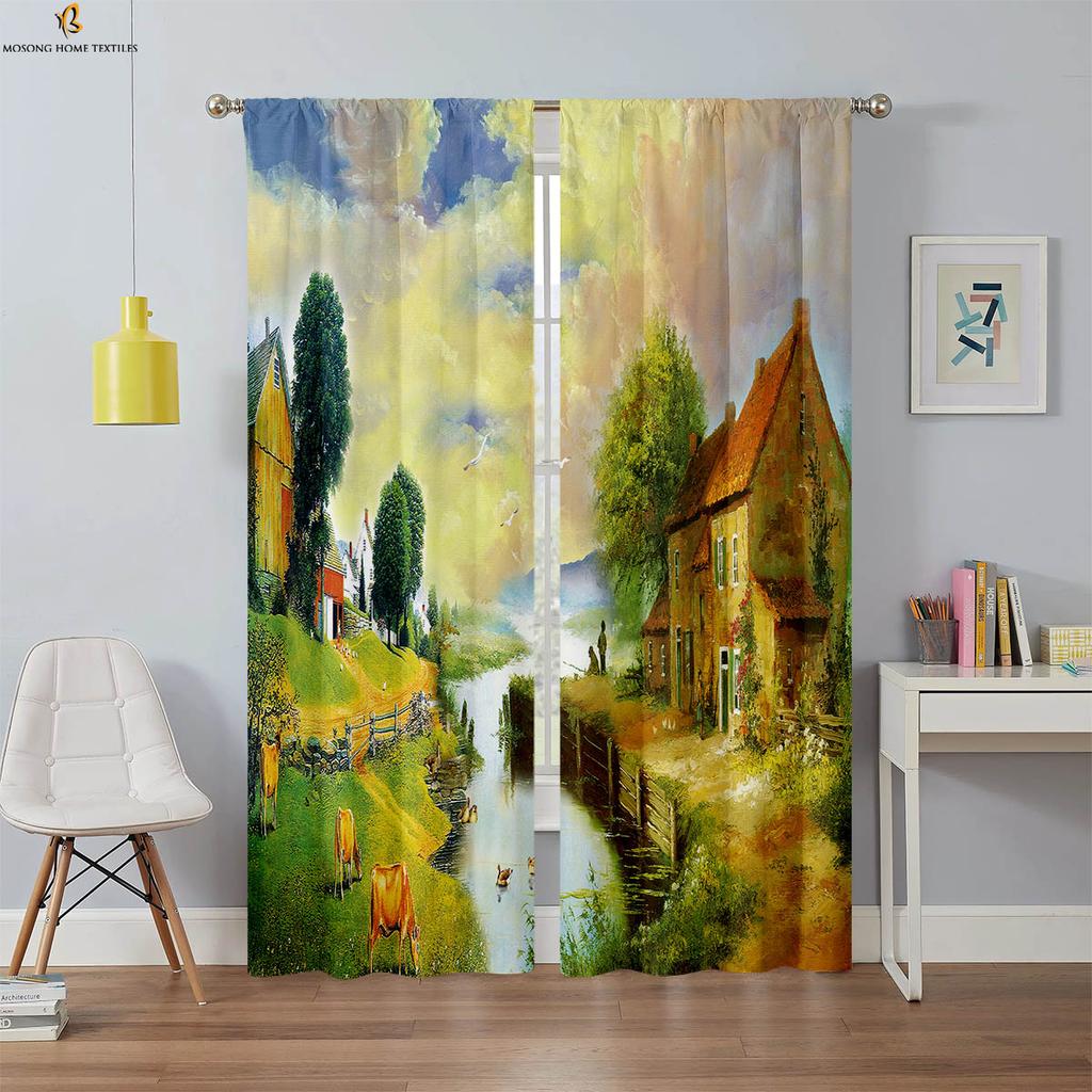 2 шт. плотных штор, пейзаж, картина маслом, 3D-печать, шторы, высококачественные, черные, шелковые, винтажные, декоративные шторы