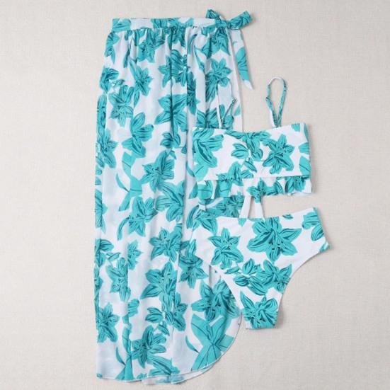 Длинная юбка Купальники Шикарный сладкий женский купальник из трех частей с рюшами