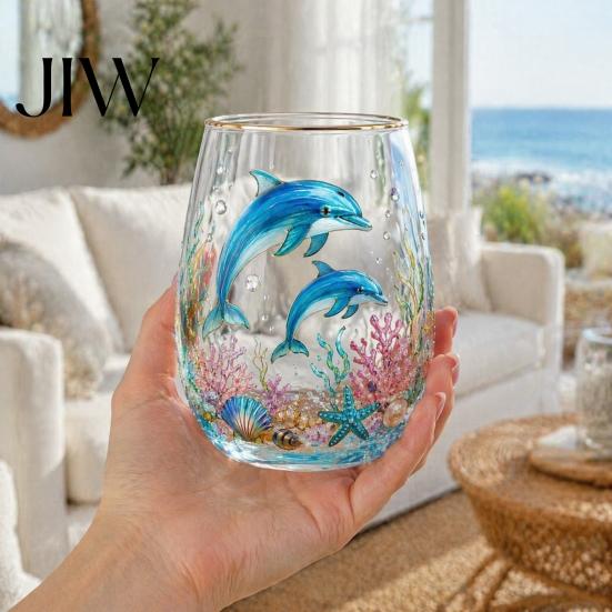 Unique Aesthetic Water Juice Whiskey Tumbler Ocean-Themed Glass Cup, Jellyfish/Dolphins/Sea Turtles/Octopus Hand-Painted, Thickened Drinking Versatile